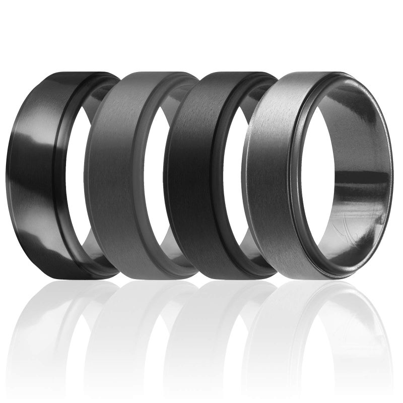 ROQ Silicone Rubber Wedding Ring for Men, Men's Wedding Band, Breathable Rubber Engagement Band, 8mm Wide 2mm Thick, Step Edge, 4 Pack, Black, Black Camo, Silver, Beveled Metallic Platinum, Size 11 - Image 1